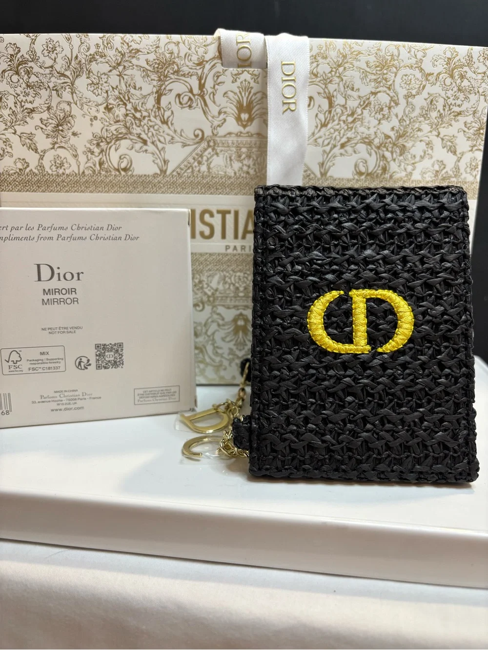 Dior Black Woven Raffia Mirror with Yellow CD chain